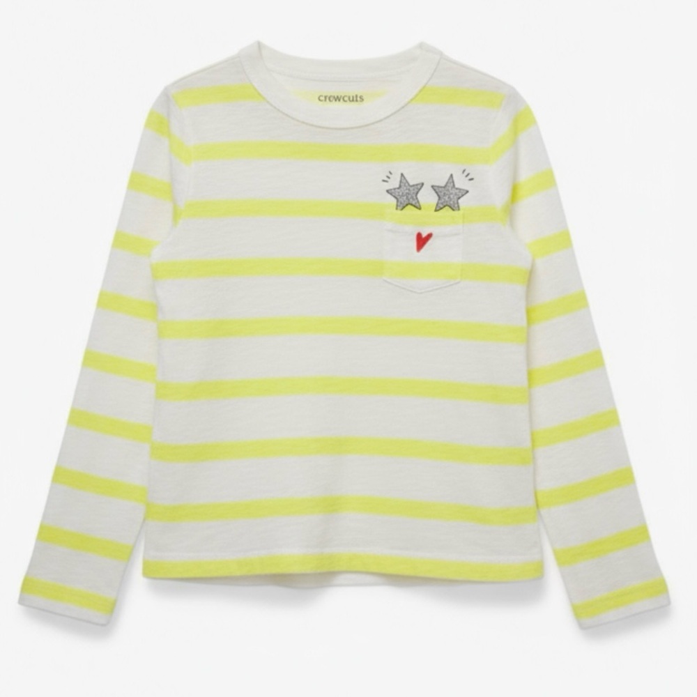 J.Crew Crewcuts Long Sleeve Tee – Neon Yellow Stripes & Glitter Stars Girls 4-5